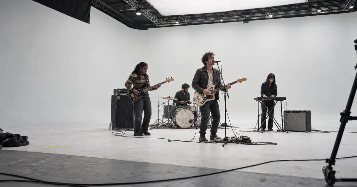 A band performing on a white infinity cove stage while a crew member films