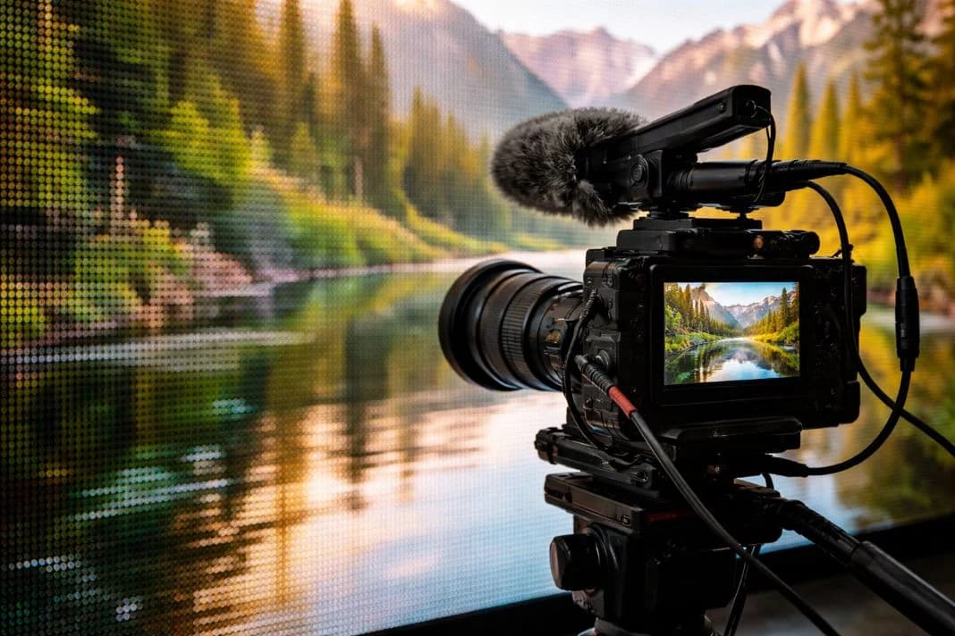 A cinema camera filming a mountain lake scene on an LED volume