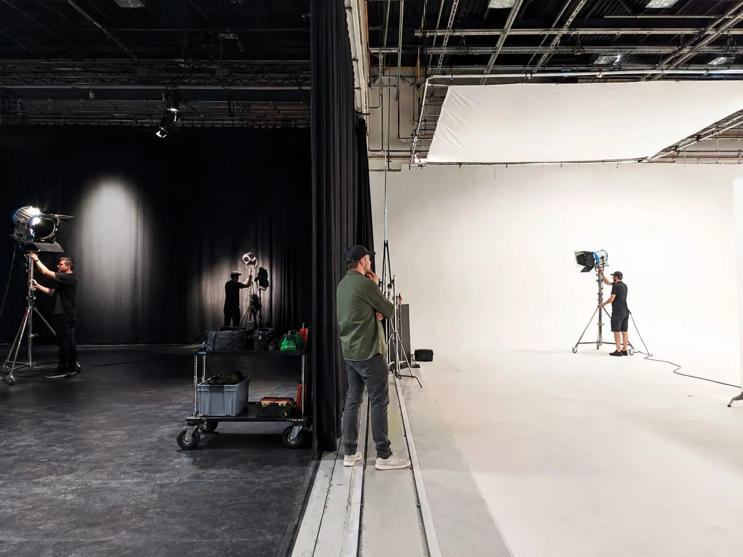 A photo of a multi-purpose film studios with black out studio and infinity cove