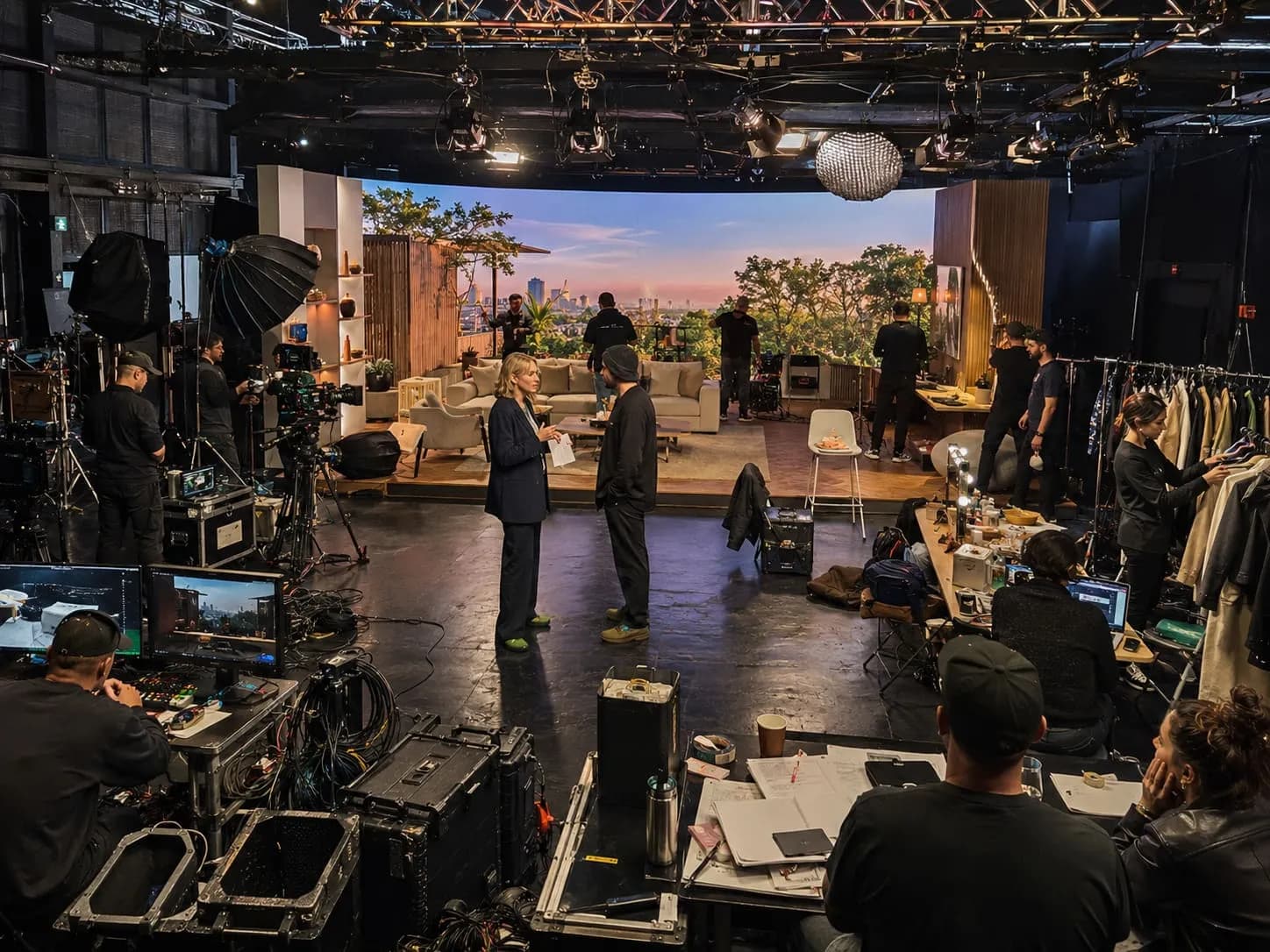 A photo of a full service LED volume virtual production team and equipment