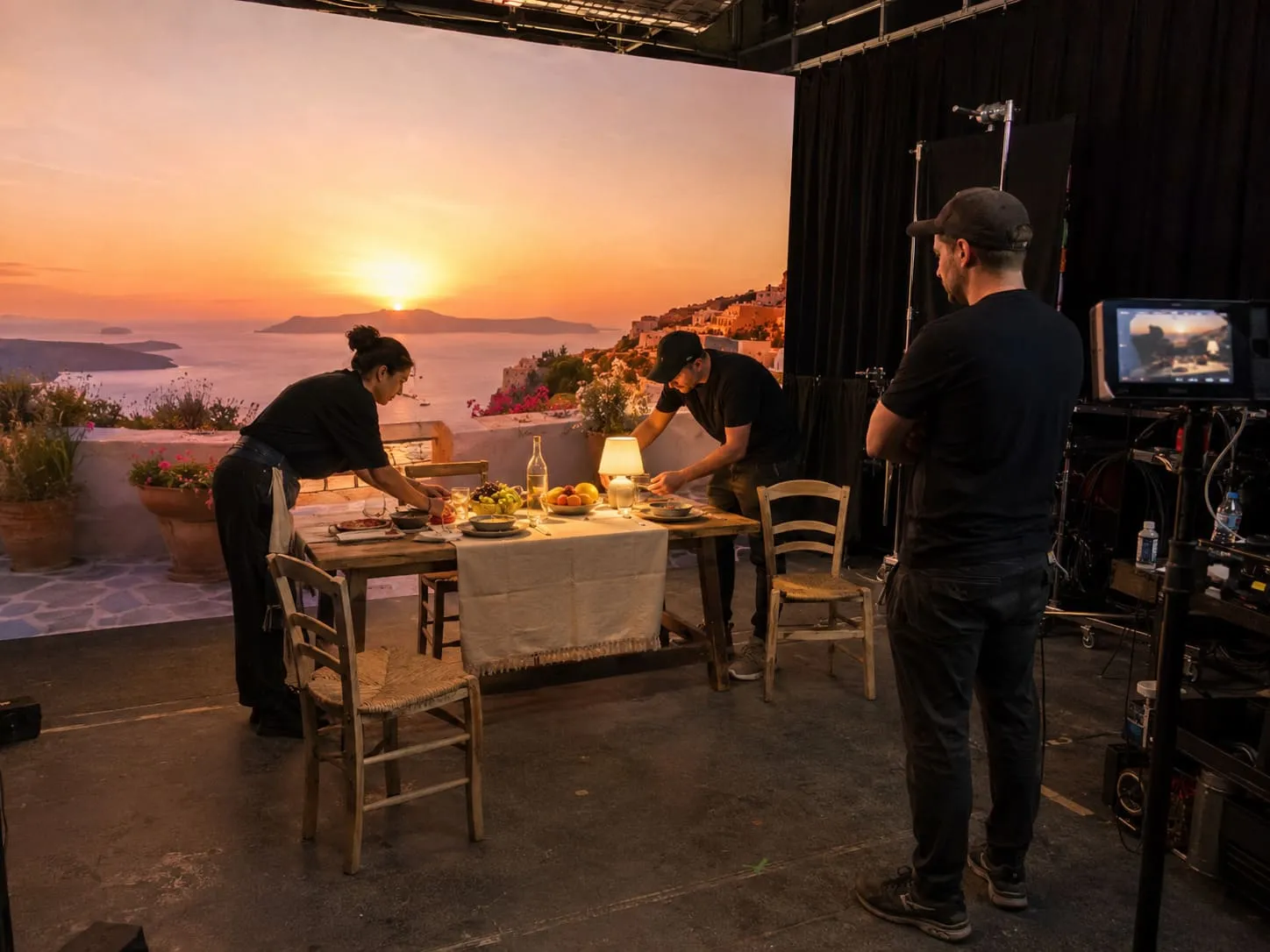 A photo of a LED Volume wall and people setting up the studio in preparation for a film shoot.