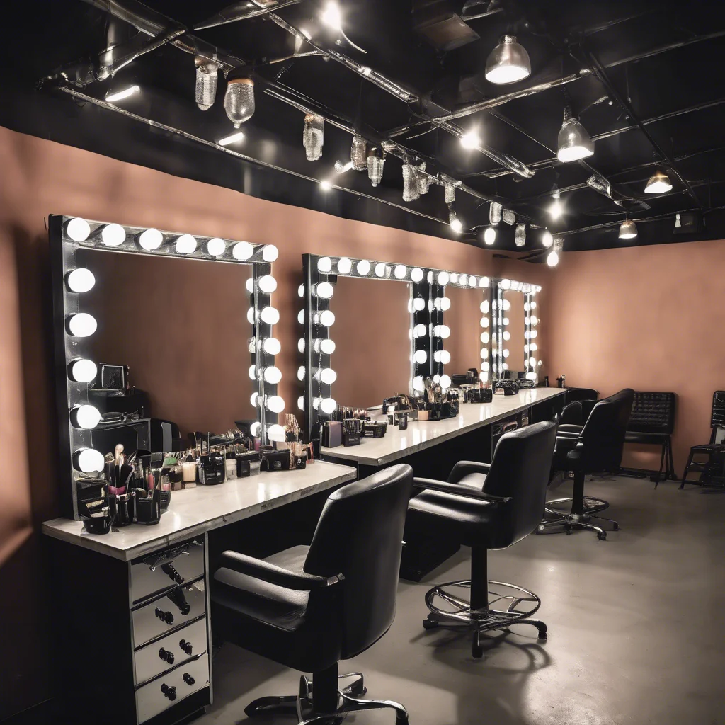 A hair and make-up room with lit vanity mirrors and styling chairs