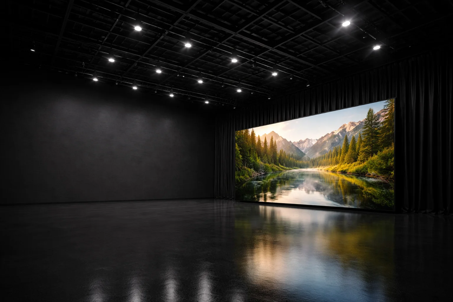 A large LED screen displays a serene river and mountain landscape in a dark, empty room. Reflections shimmer on the polished floor.