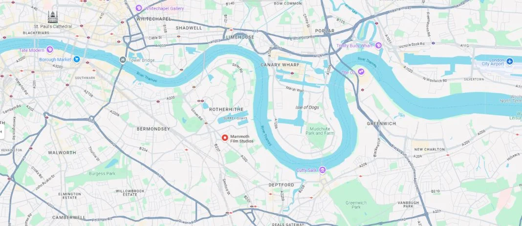 Map of the Thames River in London, highlighting landmarks like St. Paul's Cathedral, Tower Bridge, and Cutty Sark. Roads and parks visible as well as mammoth film studios