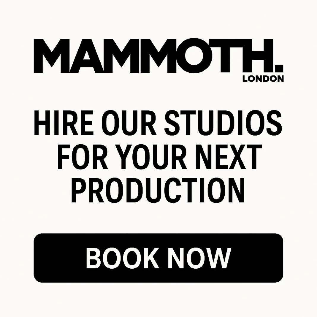 Text reads "MAMMOTH LONDON. Hire our studios for your next production. BOOK NOW" in bold black on white background.