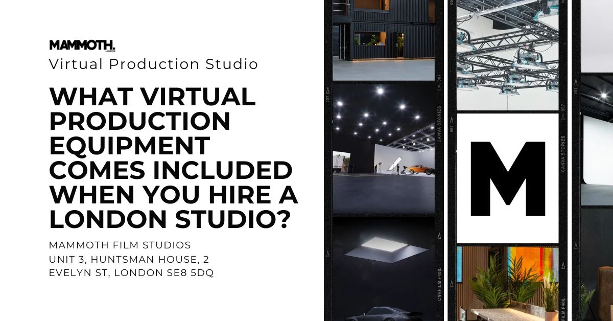 Text reads "What virtual production equipment comes included when you hire a London studio?" Images show studio interiors and equipment.