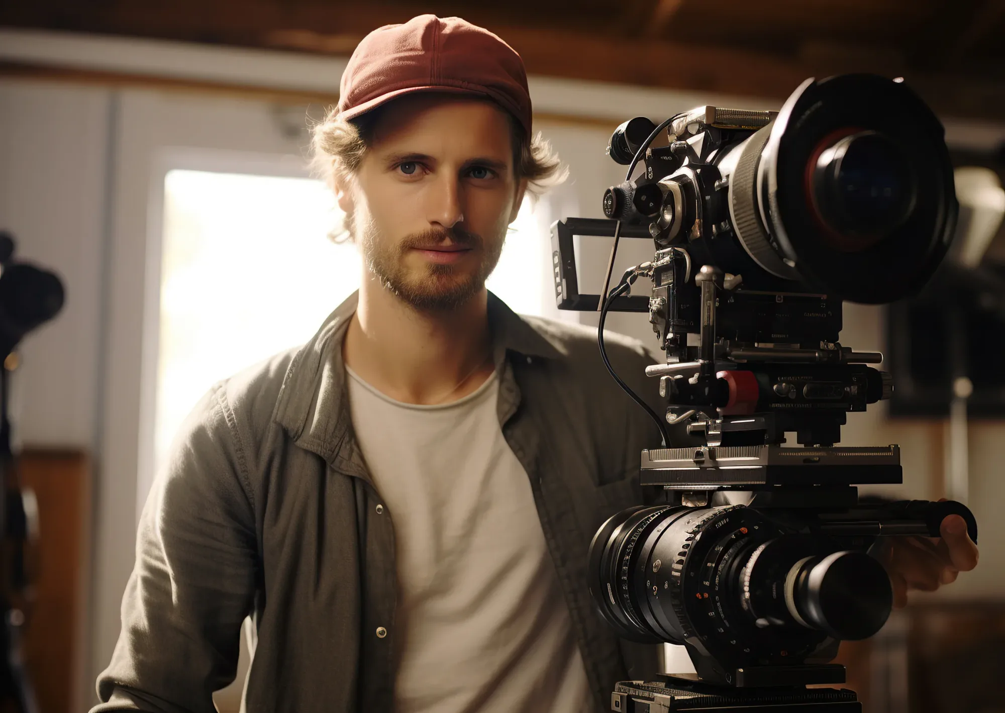 Bearded man with a red cap operates a professional camera in a bright studio, conveying focus. Background shows soft, natural lighting.