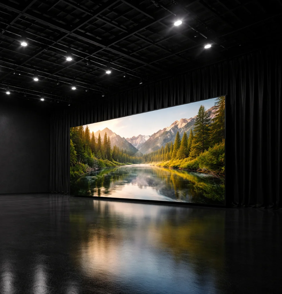 Large digital screen in a dark room shows a scenic landscape of mountains, pine trees, and a reflective river under a bright sky.