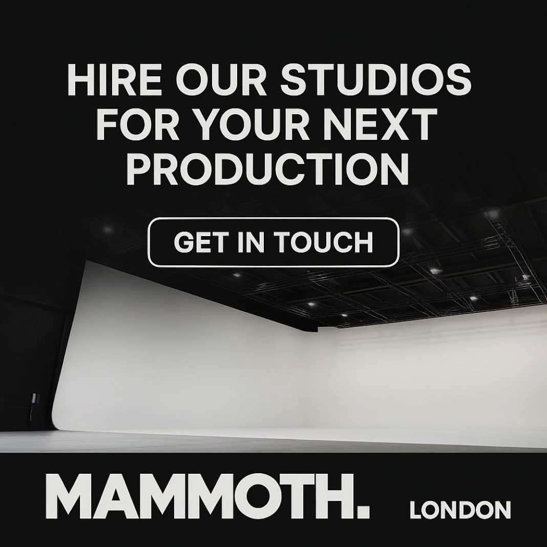 Studio interior with curved white walls under black ceiling. Text reads "Hire Our Studios for Your Next Production. Get in Touch. MAMMOTH LONDON."