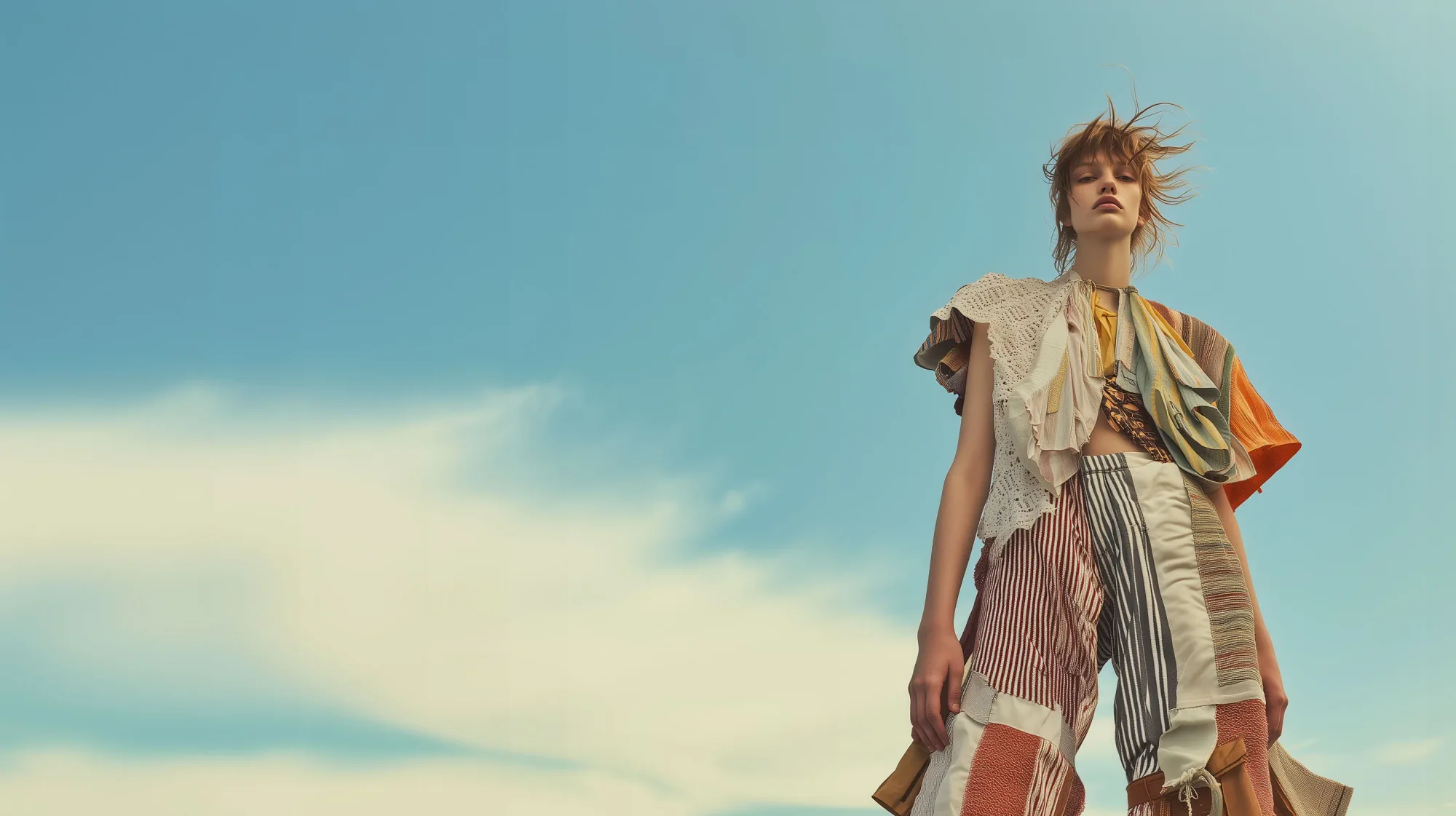 Model in patchwork outfit stands under a clear blue sky. Windblown hair, eclectic patterns, and soft sunlight create a serene mood.
