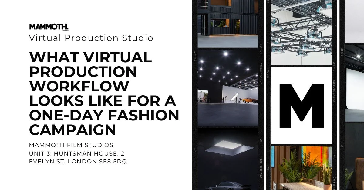 Mammoth Film Studios ad shows diverse studio scenes, lighting rigs, an "M" logo, and lush plants. Text highlights virtual production.