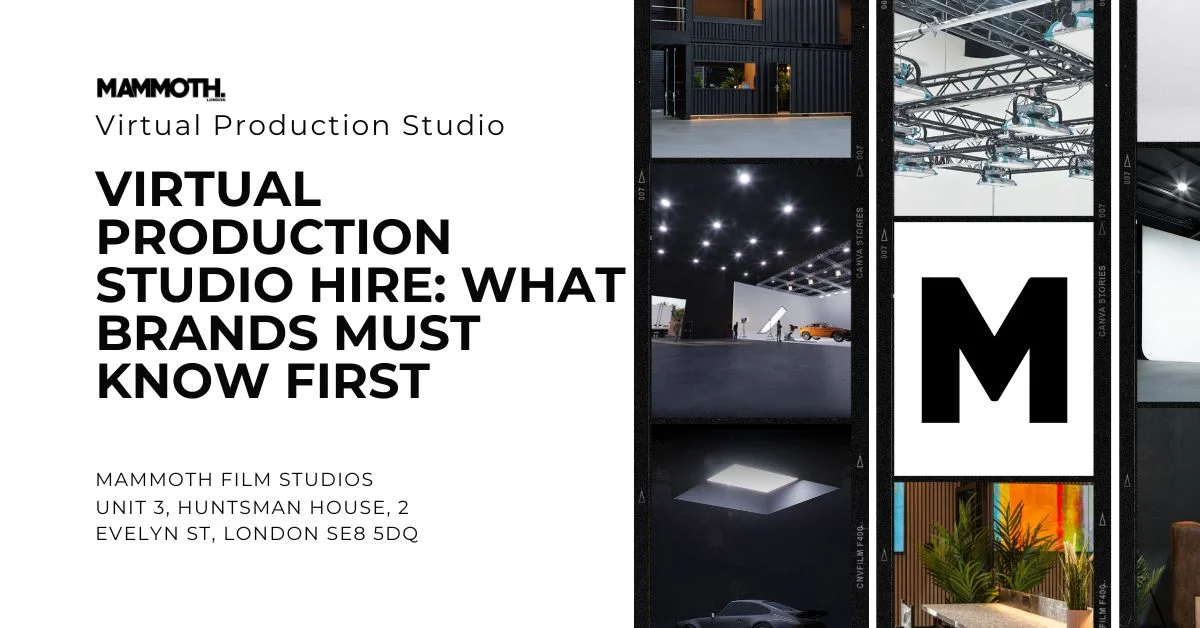 Text "Virtual Production Studio Hire: What Brands Must Know First" on white backdrop; images of a studio, lighting, and a bold "M" logo.