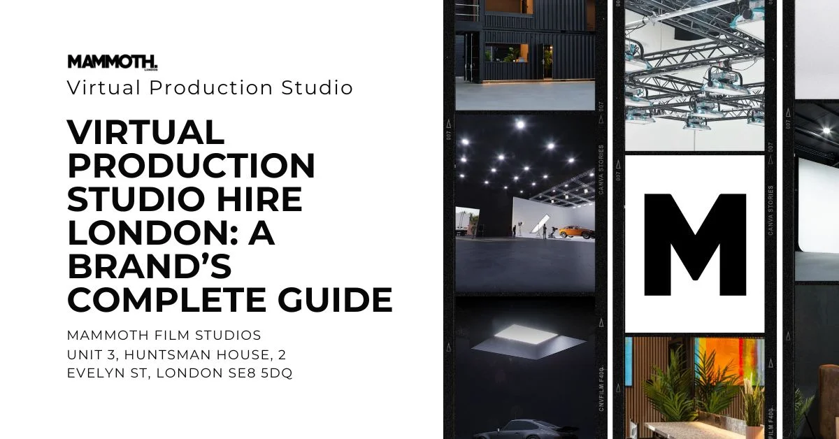 Mammoth Film Studios guide cover with text about hiring virtual production studios in London. Features images of studio interiors and logo.