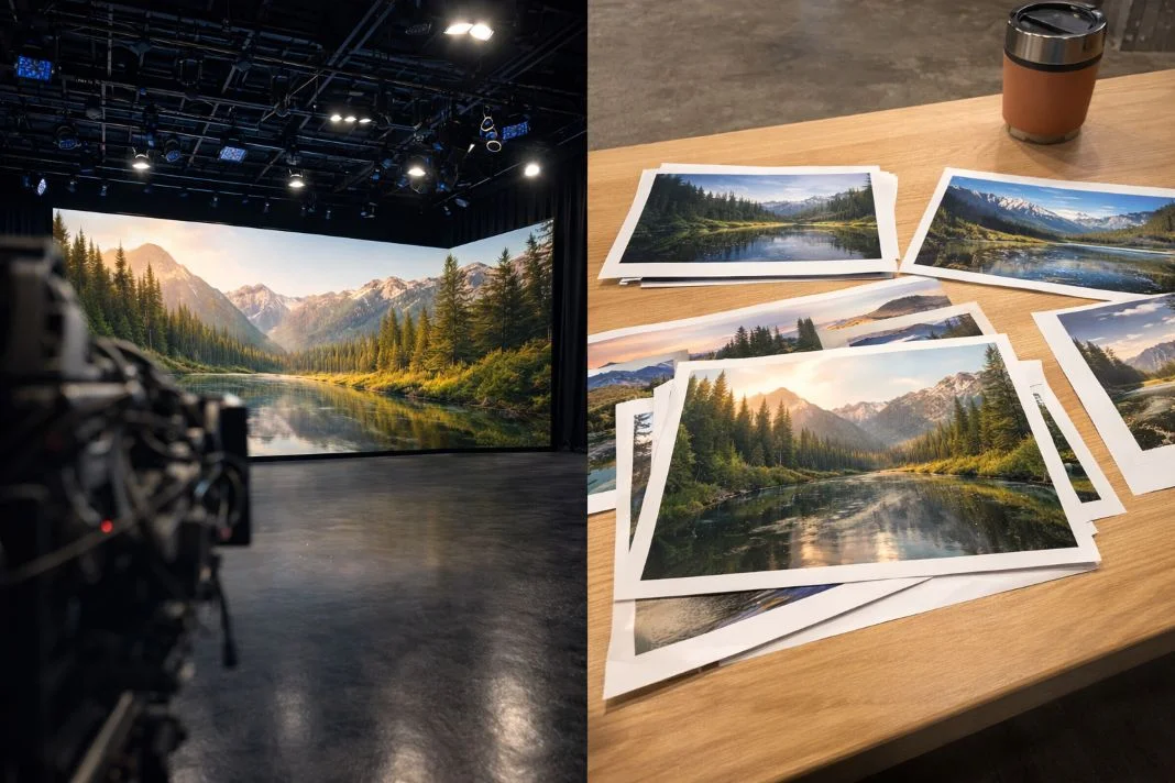 Studio with a large mountain landscape screen on the left; prints of similar scenery on a wooden table with a coffee mug on the right.