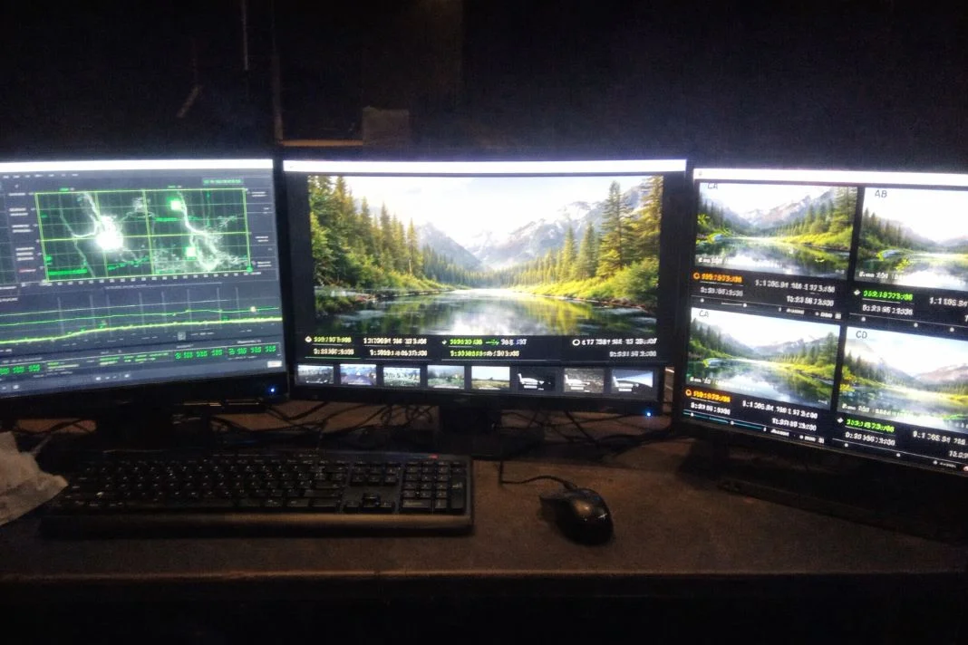 Three monitors display graphs and a forest scene. A keyboard and mouse are on the desk. The room is dimly lit, creating a tech-focused mood.