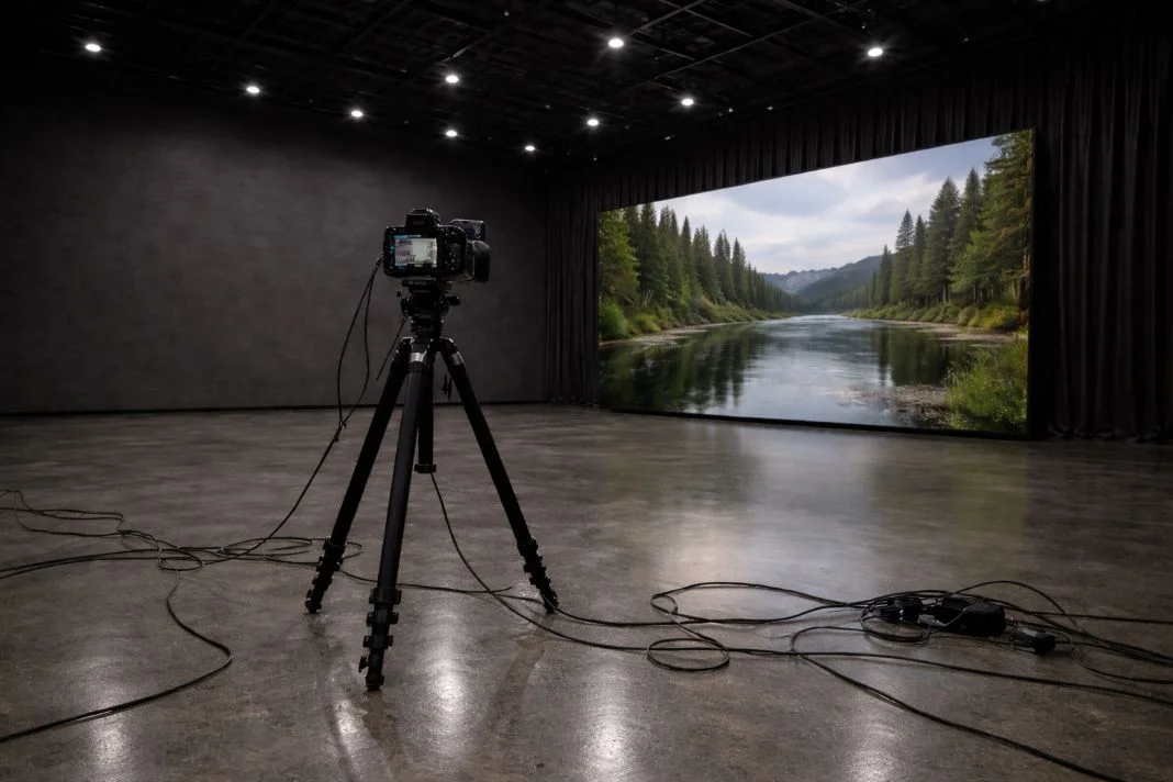 Camera on tripod in a studio facing large screen showing a lush river scene. Cables on the gray floor. Dim, spacious interior.