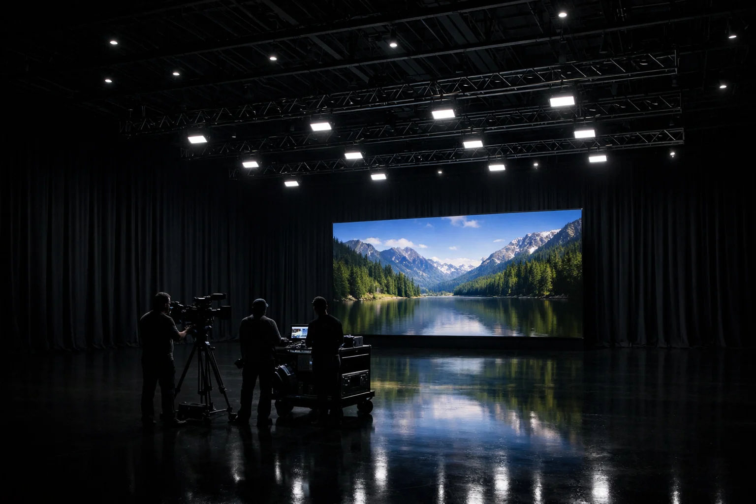 Crew filming a large LED screen showing mountains and a lake in a dark studio. The room is dimly lit, creating a focused atmosphere.