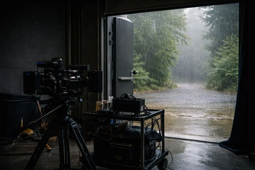Camera on tripod inside, aiming out open door towards rainy forest. Equipment cart nearby. Moody atmosphere with gray, overcast skies.