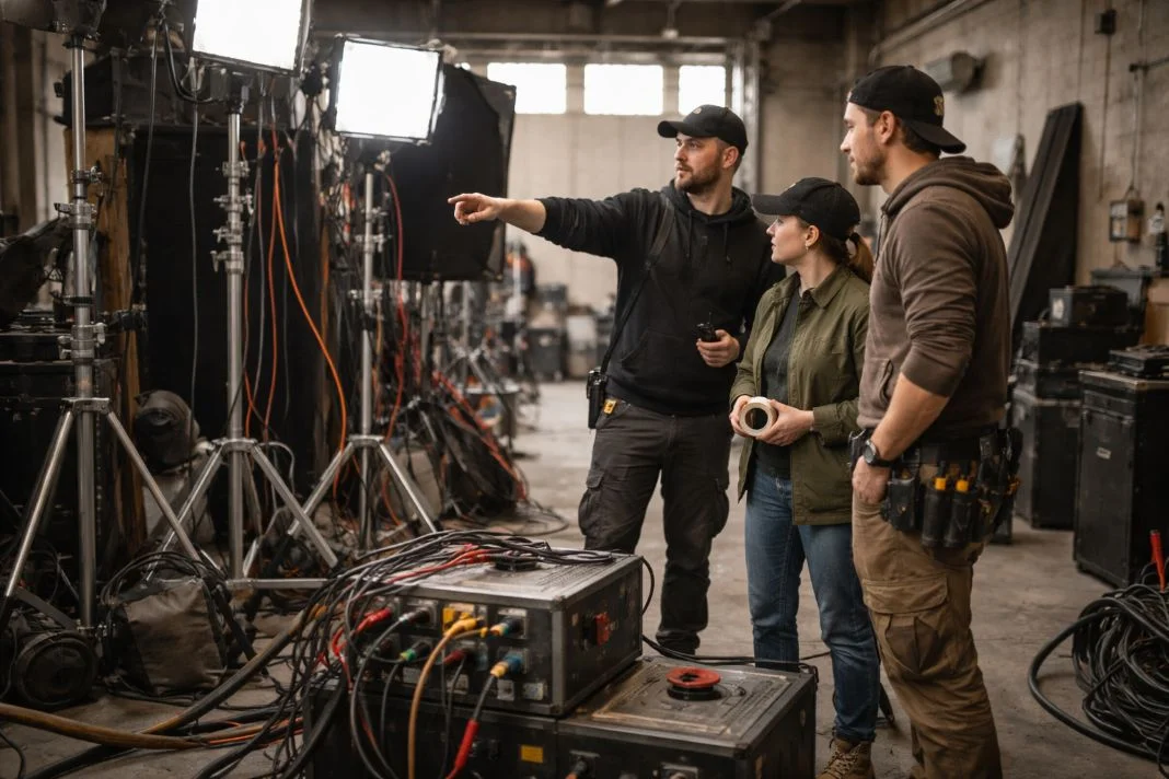 Three people in a film studio, surrounded by lighting equipment. One person is pointing, guiding the others. The mood is focused and collaborative.