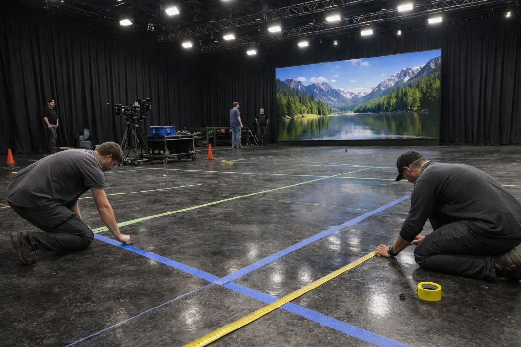 Two people measure the floor with tape in a studio. A large screen shows a lake and mountain scene. Black curtains and cameras visible.
