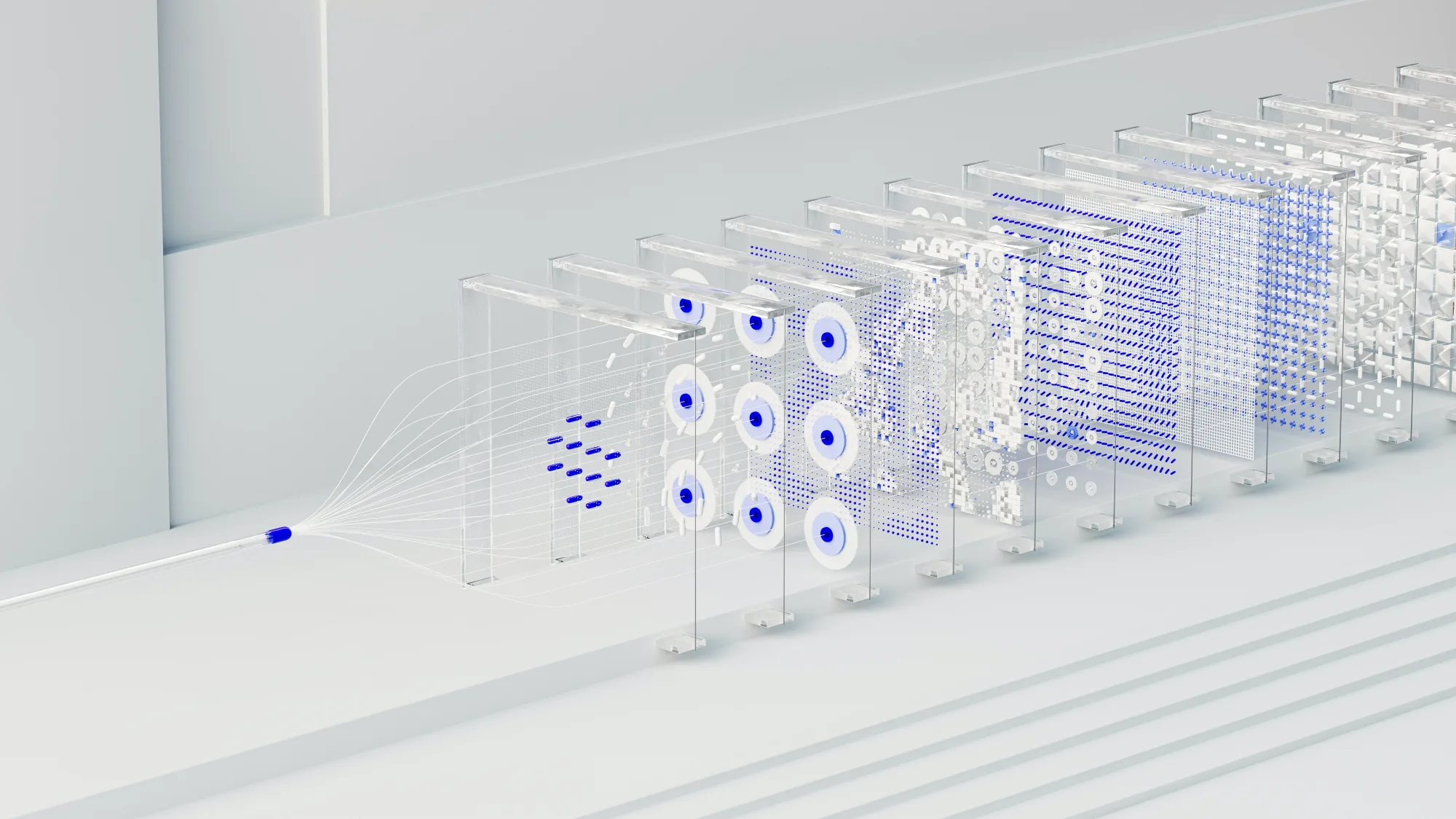 Transparent panels with blue patterns and wires create a futuristic, geometric display. The setting is minimalistic and monochrome.
