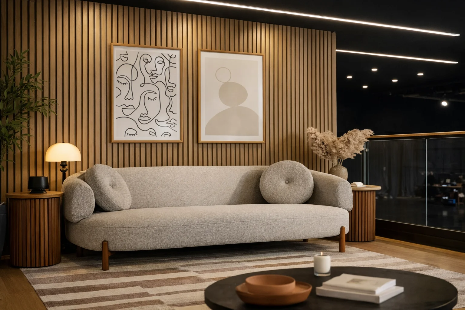 Modern living room with a beige sofa, two abstract art pieces, striped rug, and ambient lighting. Calm, neutral tones dominate the scene.