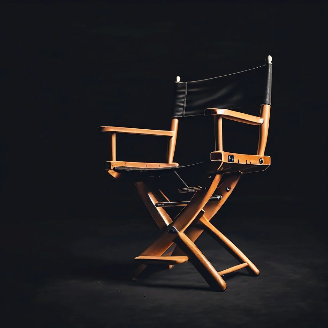 A wooden director's chair with black fabric seat and backrest sits centered on a dark background, conveying a cinematic atmosphere.
