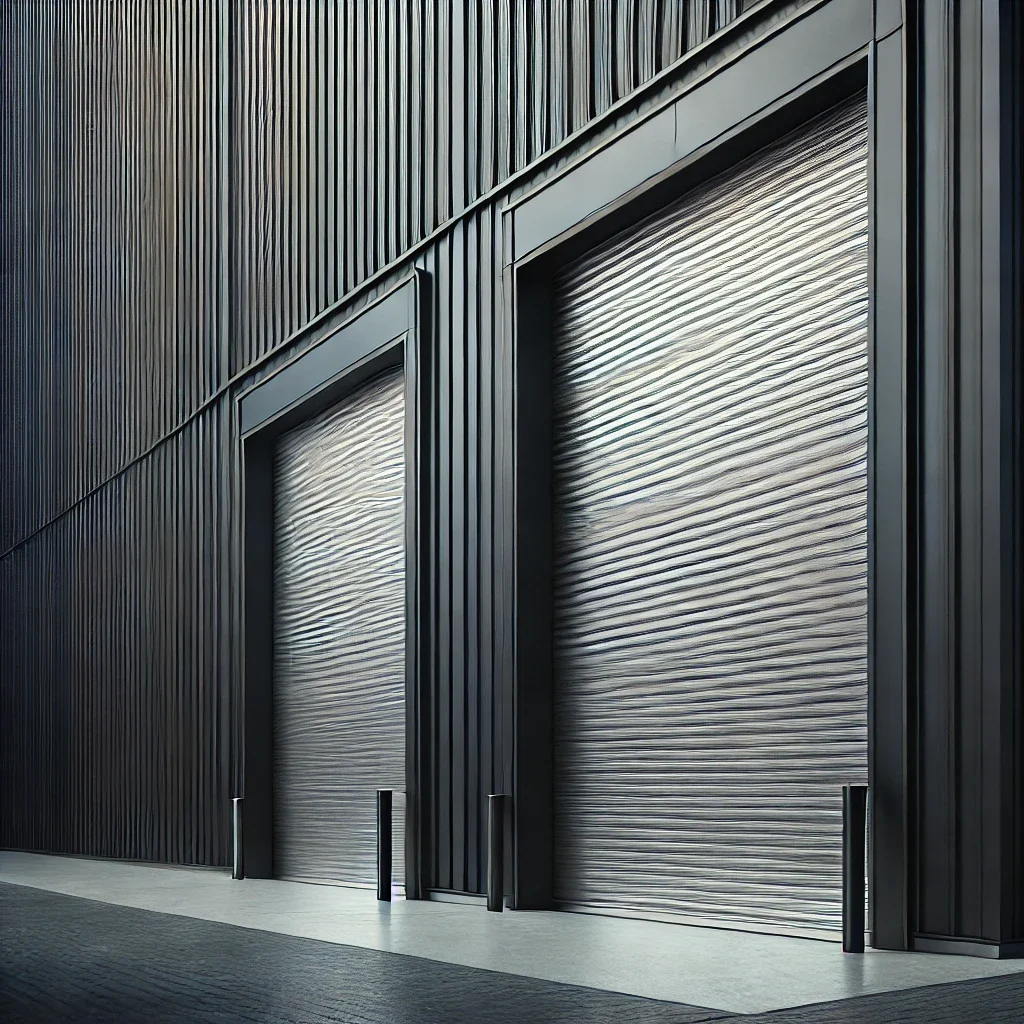 Two closed, metallic roll-up doors set in a sleek, modern industrial building with vertical lines, creating a minimalist, urban feel.