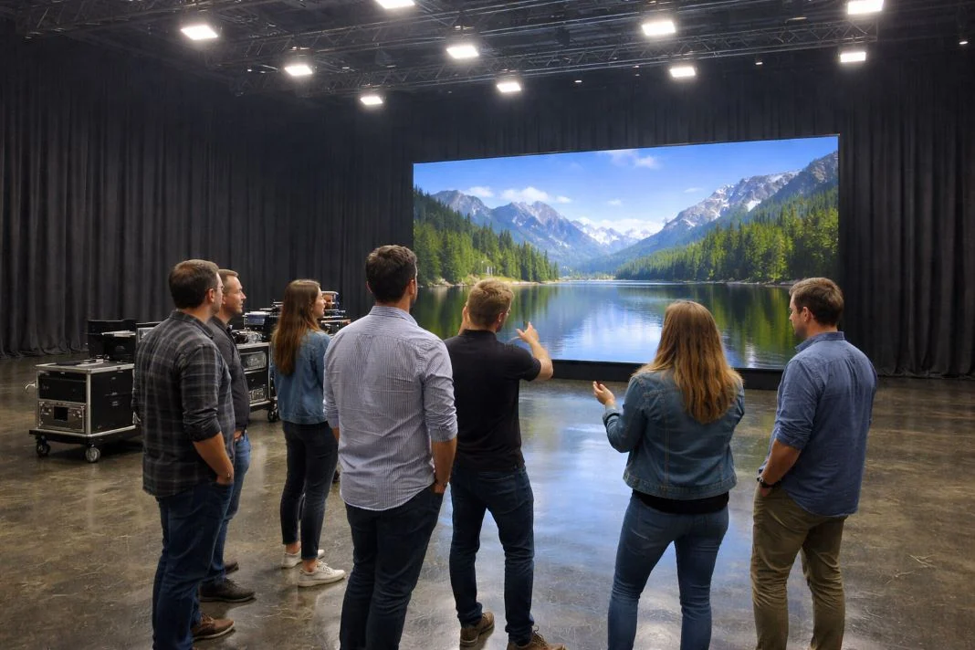Six people in a studio admire a large screen showing a mountain lake scene. Equipment is visible. The mood is curious and engaged.
