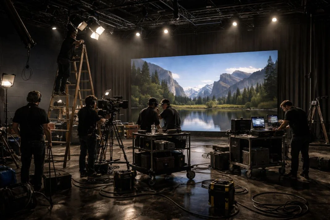 Film crew operates cameras and equipment in a studio with a large screen displaying a scenic mountain and lake landscape.