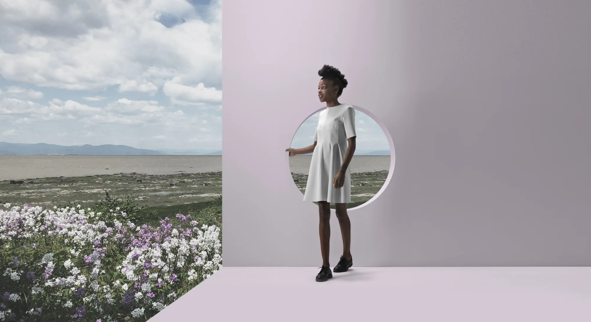 A person in a white dress stands in a circular opening of a pastel wall, overlooking a floral field and lake under a cloudy sky, evoking tranquility.